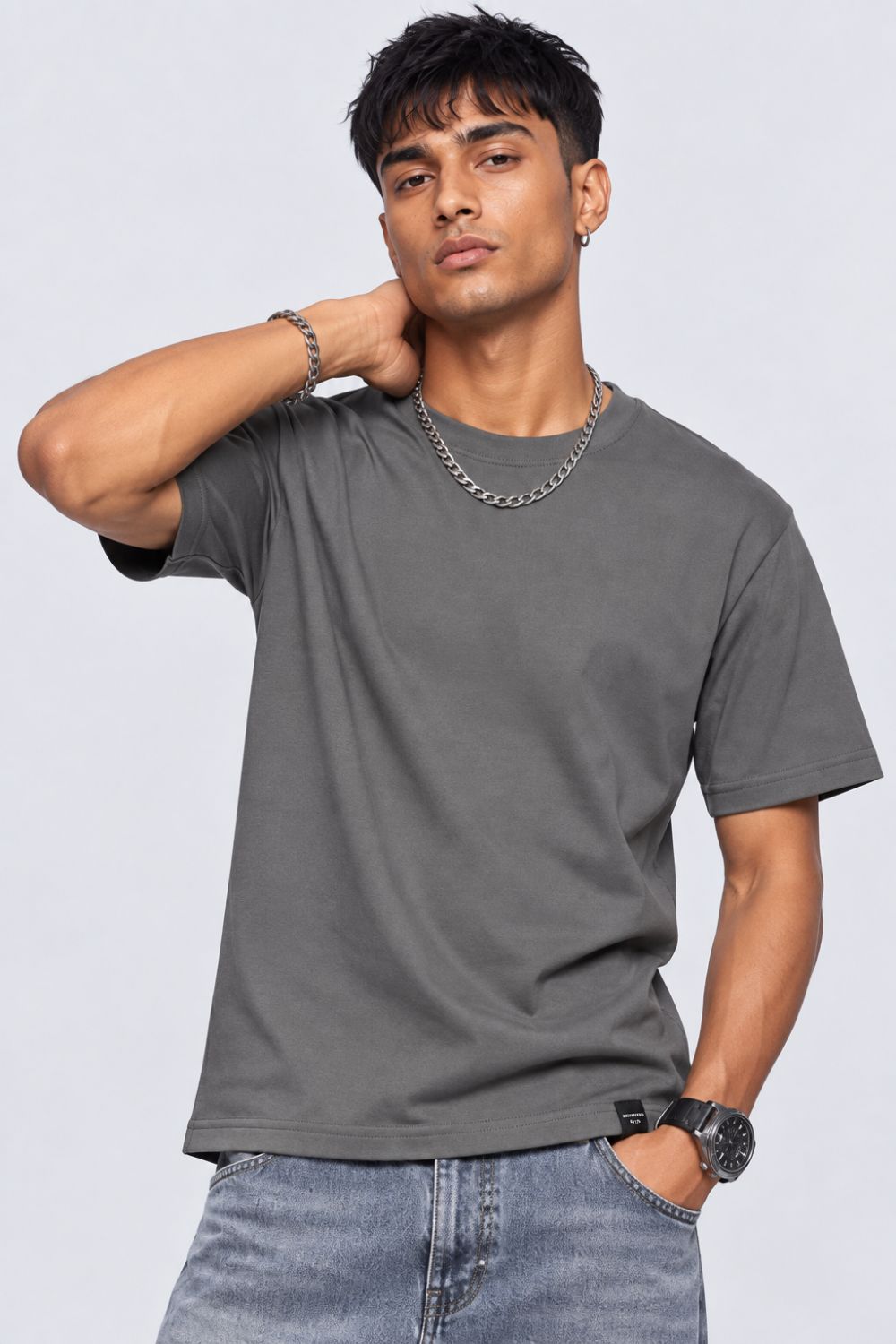 Mens Grey Solid Cotton Blend T-Shirt - Image 2