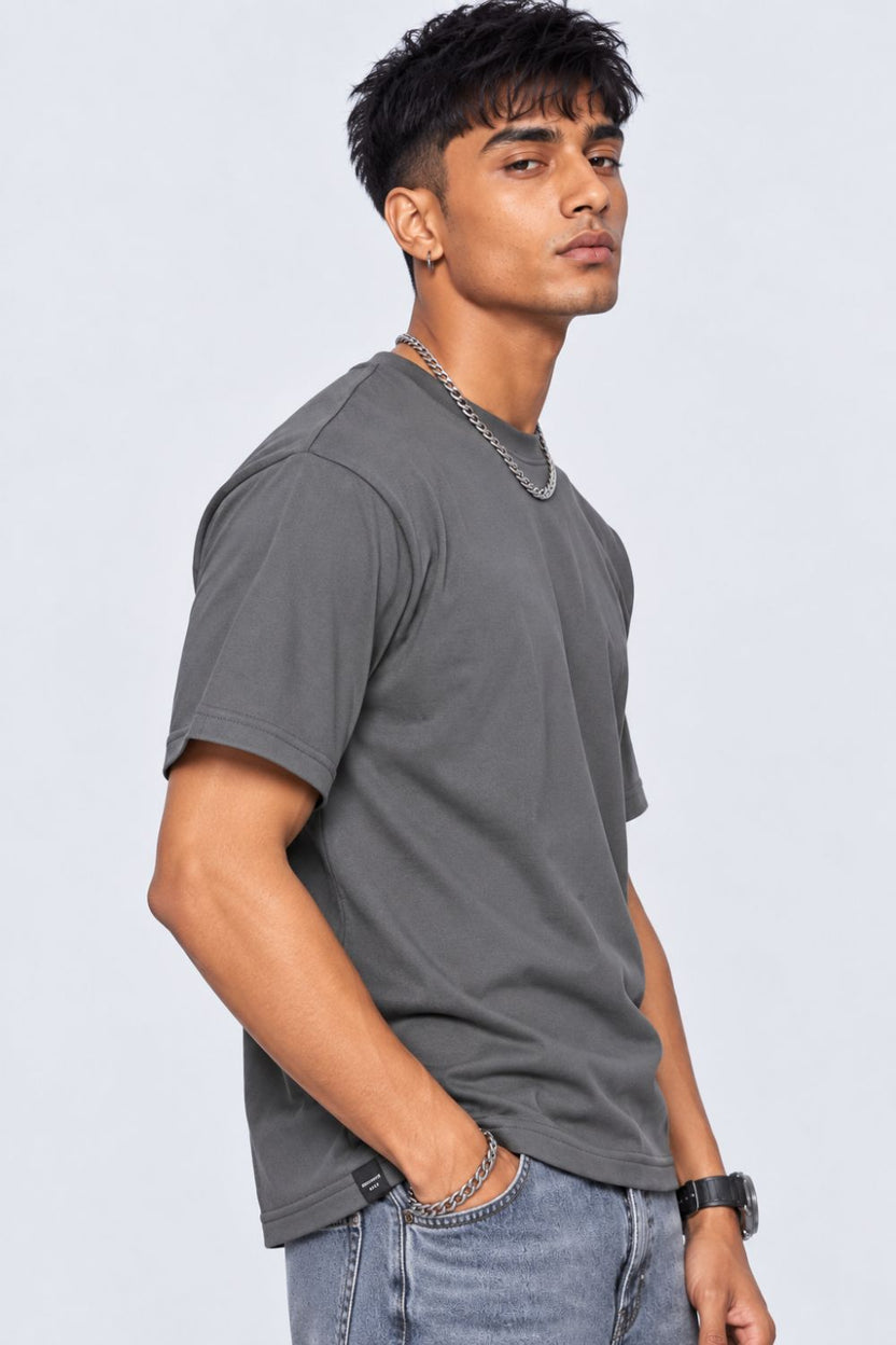Mens Grey Solid Cotton Blend T-Shirt - Image 4