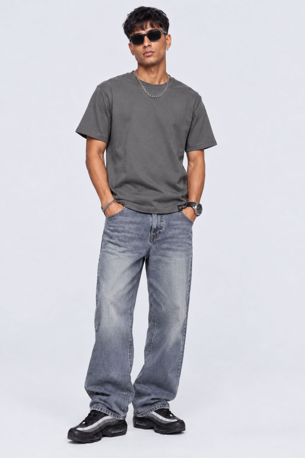 Mens Grey Solid Cotton Blend T-Shirt - Image 6