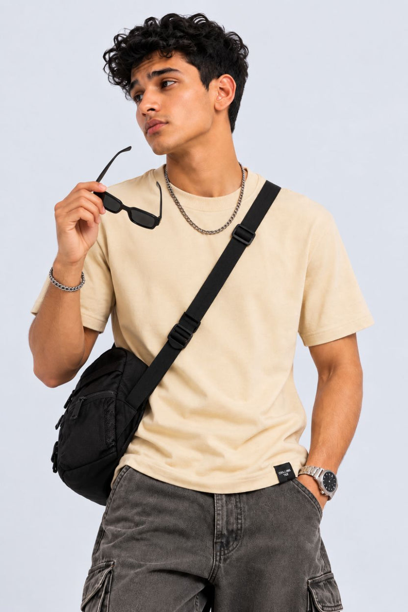 Mens Beige Solid Cotton Blend T-Shirt - Image 1
