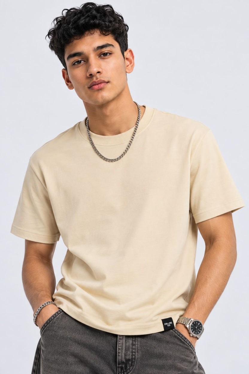 Mens Beige Solid Cotton Blend T-Shirt - Image 2