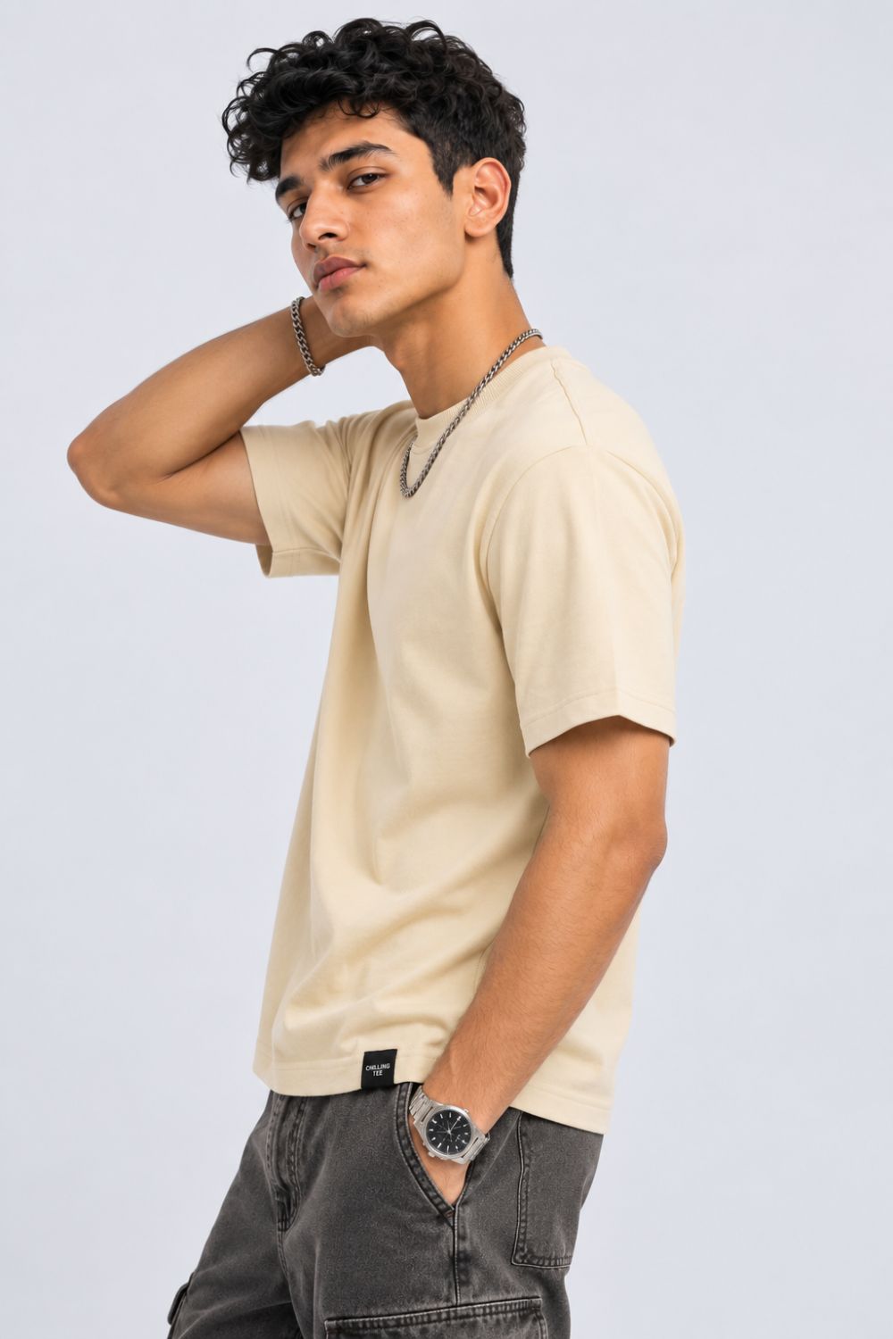 Mens Beige Solid Cotton Blend T-Shirt - Image 4