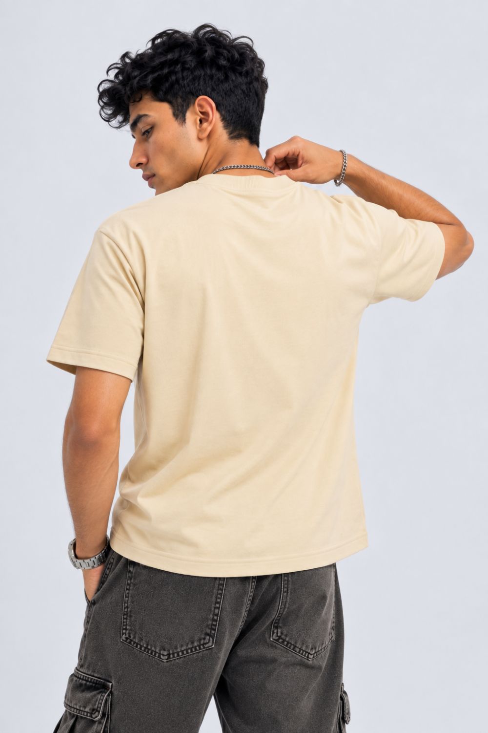 Mens Beige Solid Cotton Blend T-Shirt - Image 5