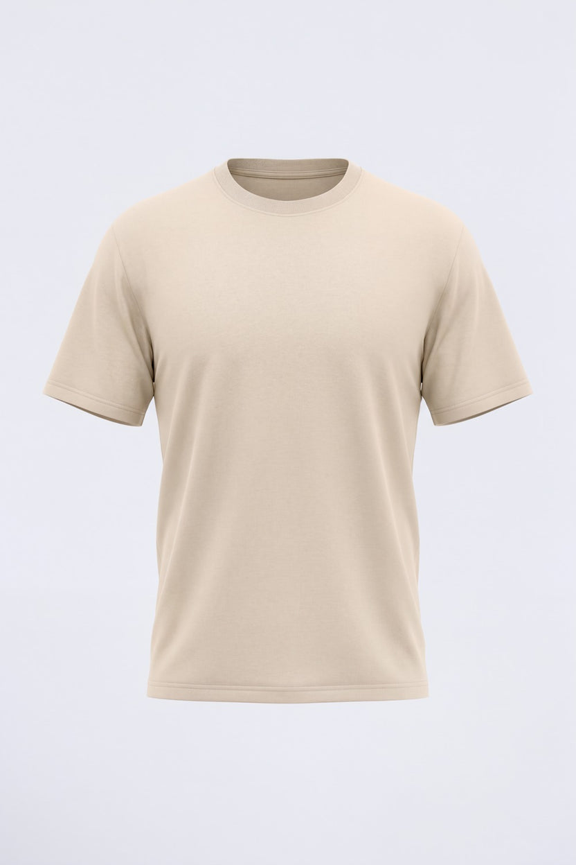 Mens Beige Solid Cotton Blend T-Shirt - Image 7