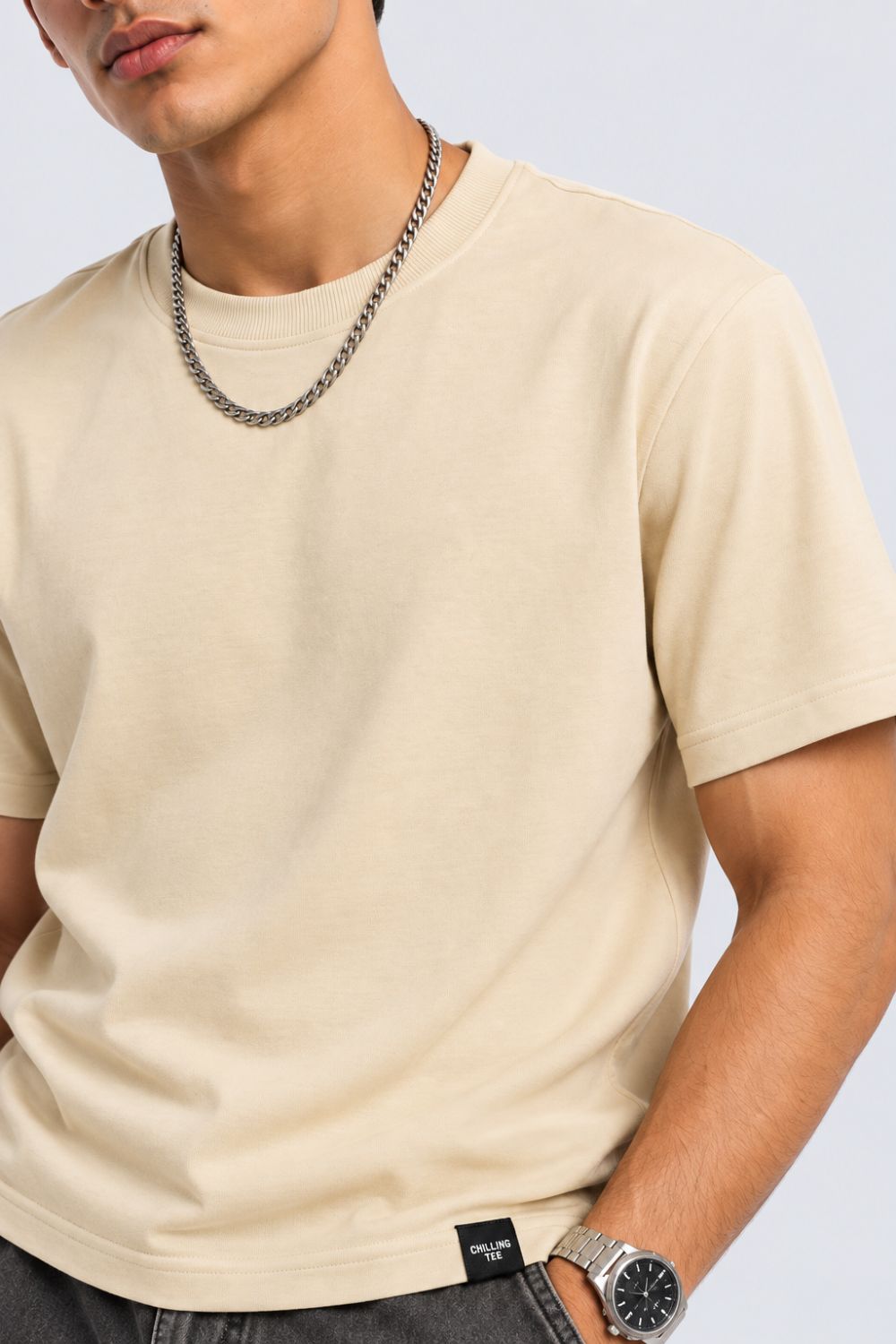 Mens Beige Solid Cotton Blend T-Shirt - Image 9