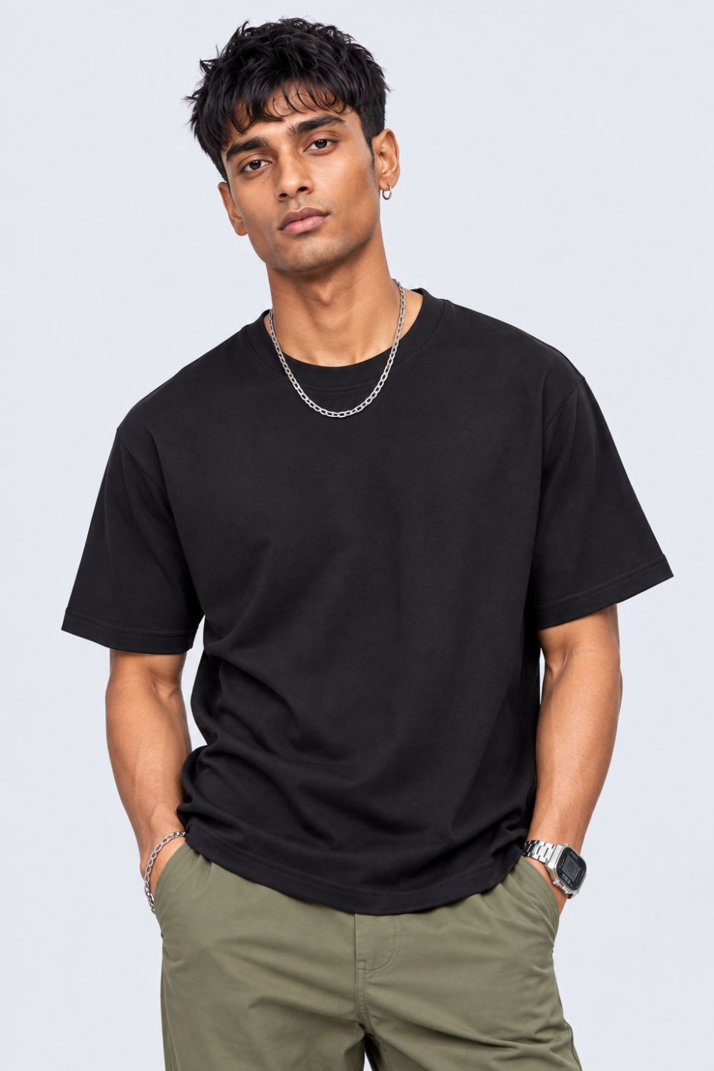 Mens Black Solid Cotton Blend T-Shirt - Image 2