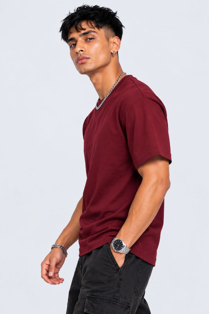 Mens Maroon Solid Cotton Blend T-Shirt - Image 4