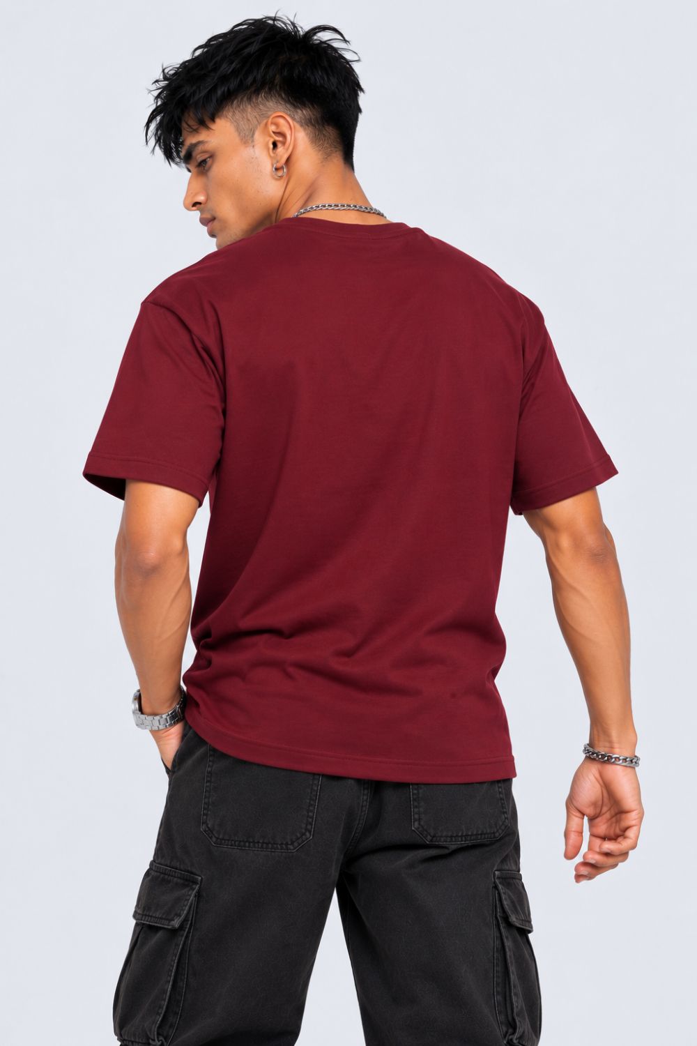 Mens Maroon Solid Cotton Blend T-Shirt - Image 5