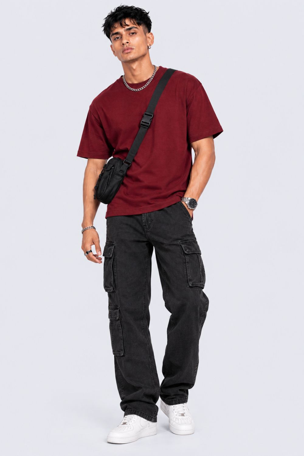 Mens Maroon Solid Cotton Blend T-Shirt - Image 6