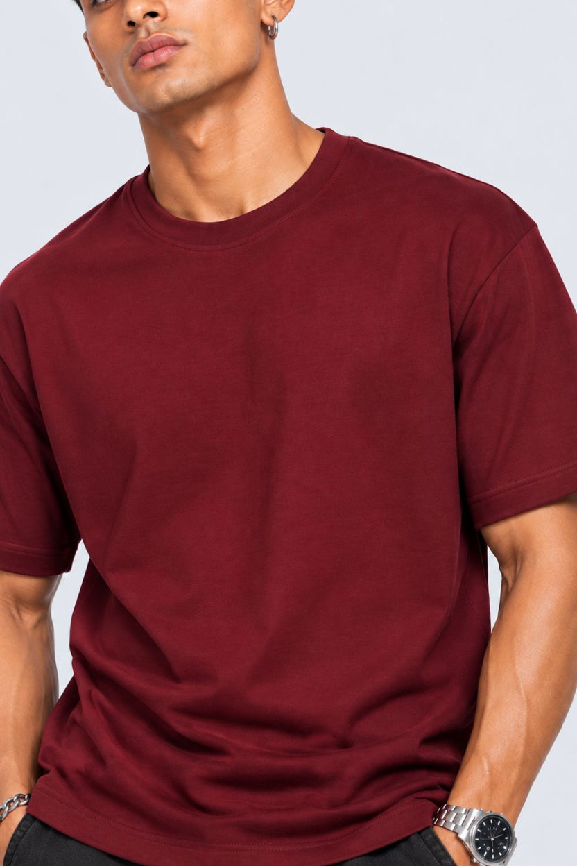 Mens Maroon Solid Cotton Blend T-Shirt - Image 9
