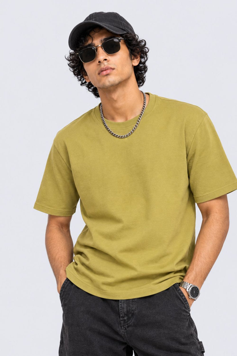 Mens Olive Solid Cotton Blend T-Shirt - Image 1