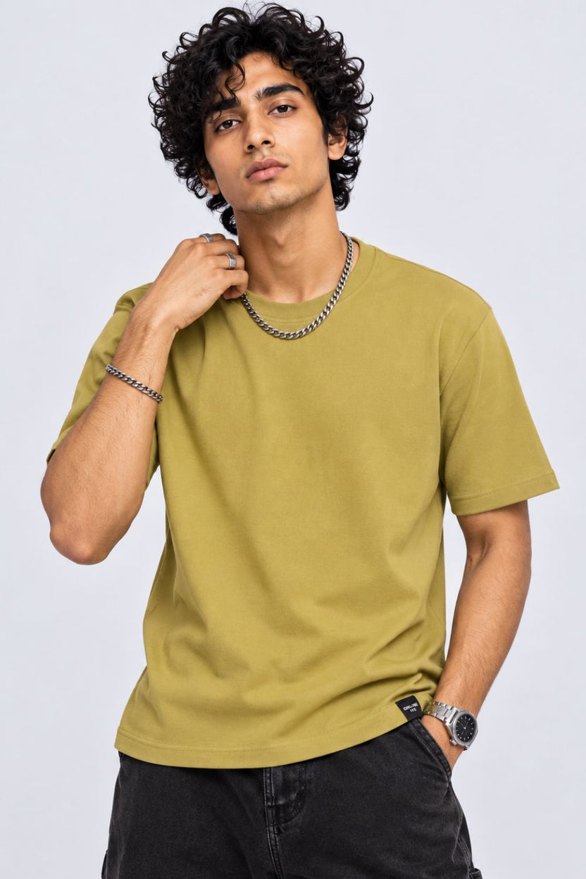 Mens Olive Solid Cotton Blend T-Shirt - Image 2
