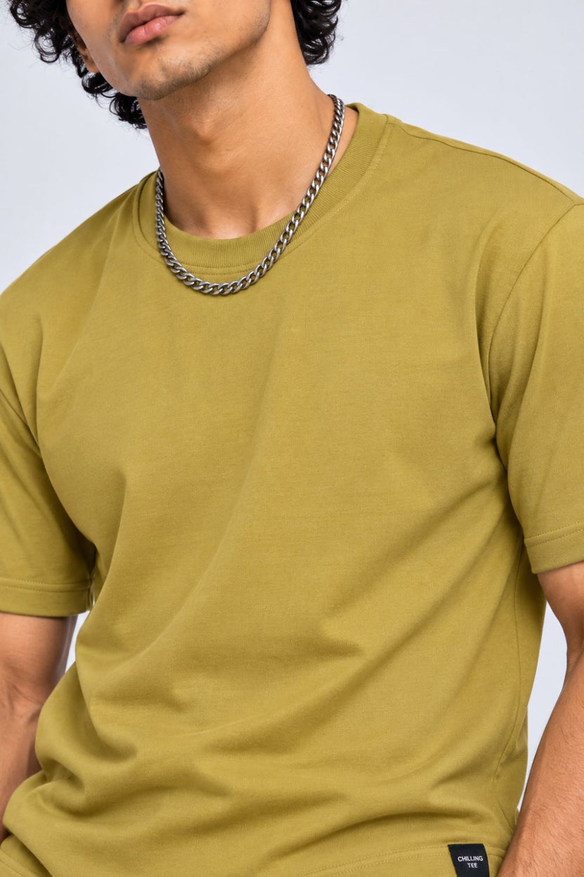 Mens Olive Solid Cotton Blend T-Shirt - Image 3
