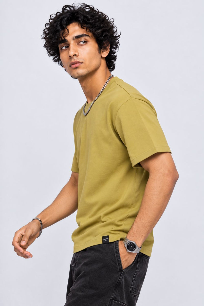 Mens Olive Solid Cotton Blend T-Shirt - Image 4