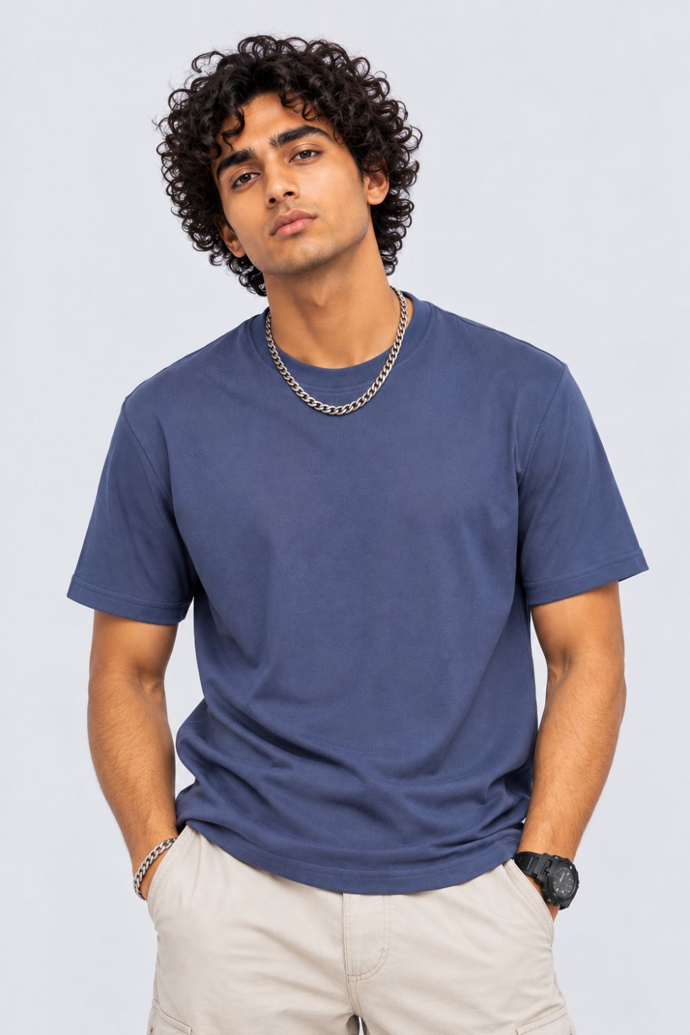 Mens Blue Solid Cotton Blend T-Shirt - Image 2