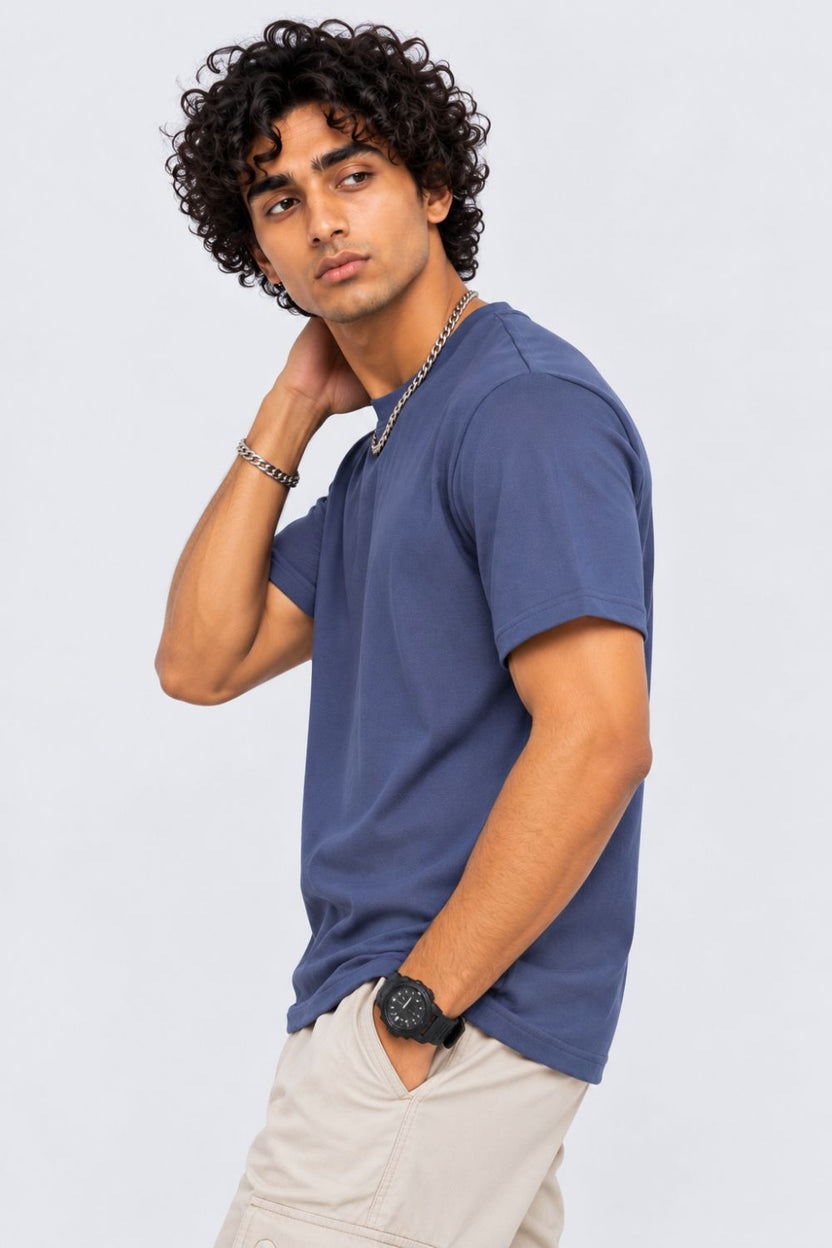 Mens Blue Solid Cotton Blend T-Shirt - Image 4
