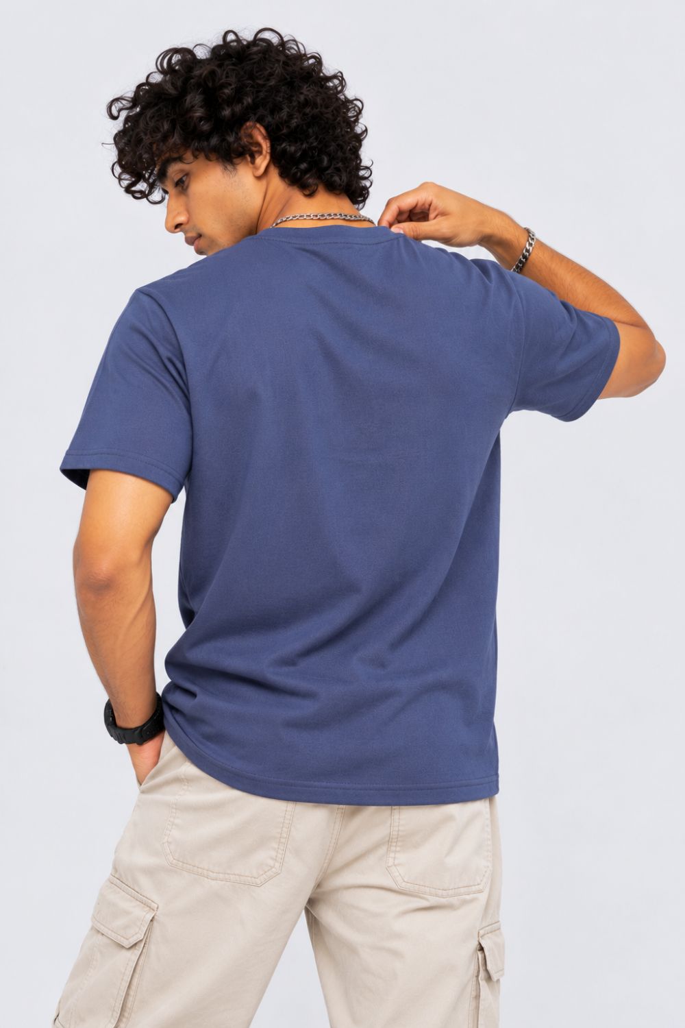 Mens Blue Solid Cotton Blend T-Shirt - Image 5