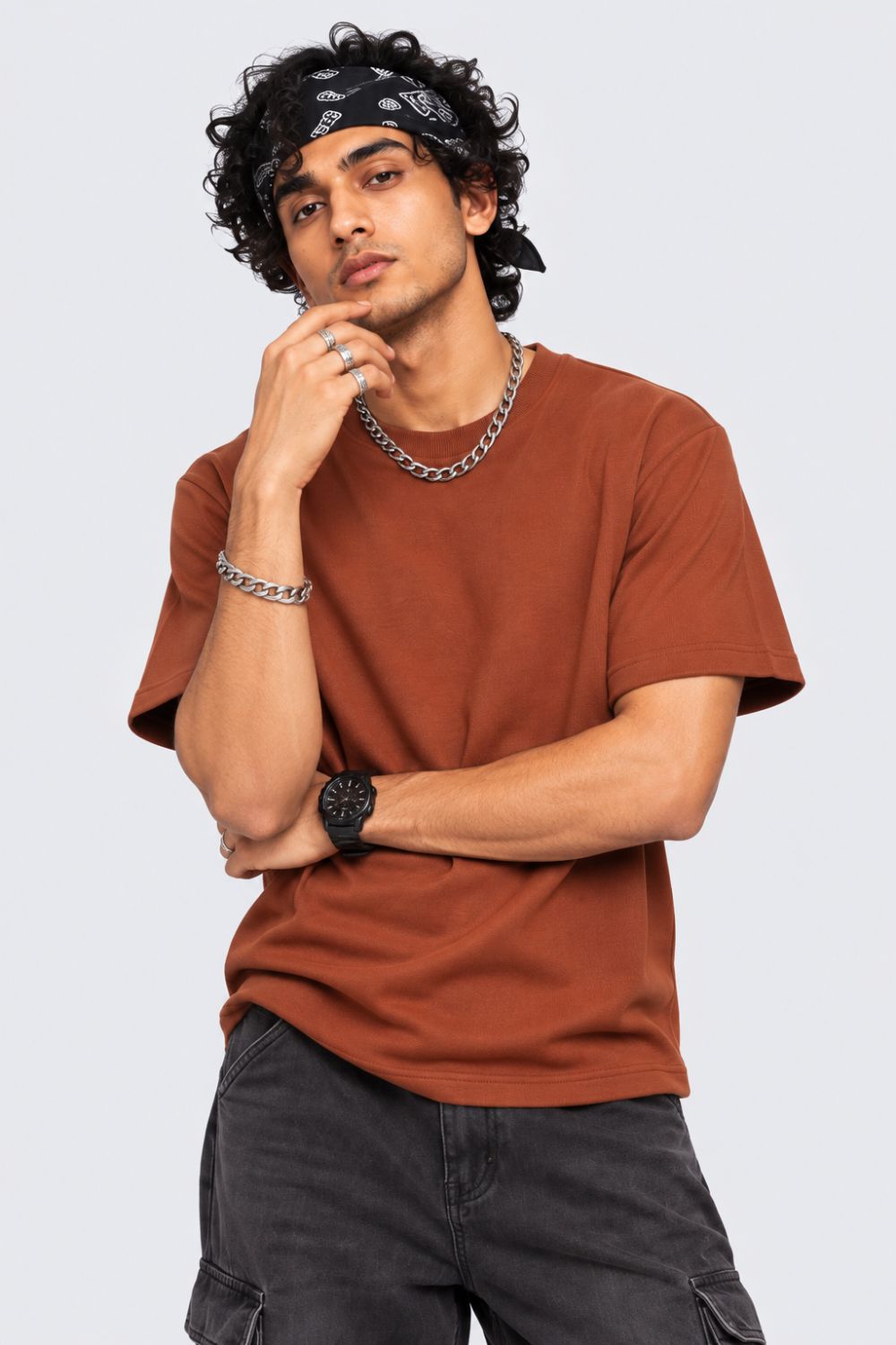 Mens Brown Solid Cotton Blend T-Shirt - Image 1