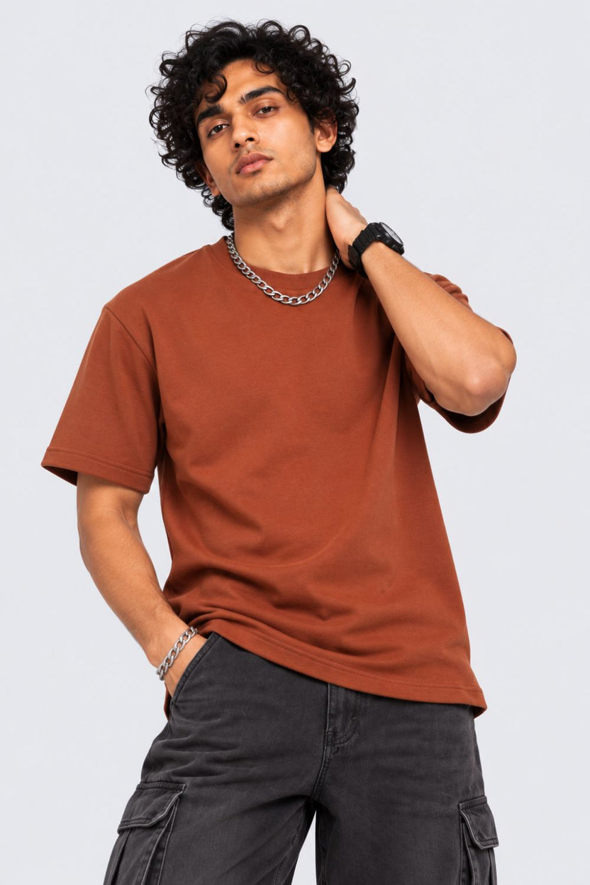 Mens Brown Solid Cotton Blend T-Shirt - Image 2