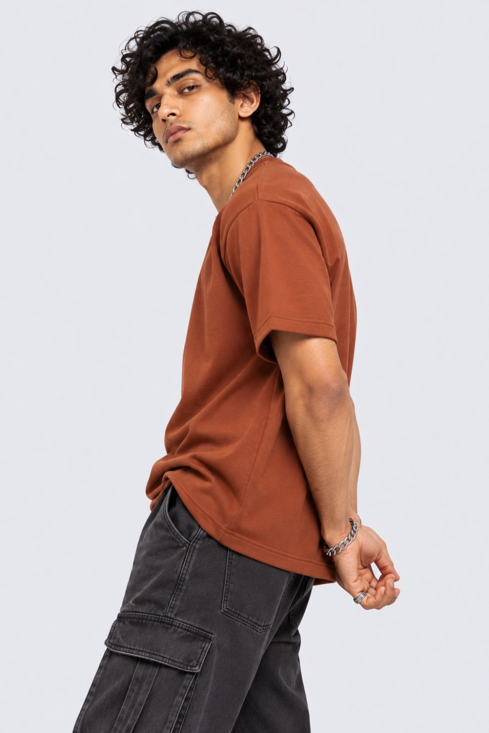 Mens Brown Solid Cotton Blend T-Shirt - Image 4