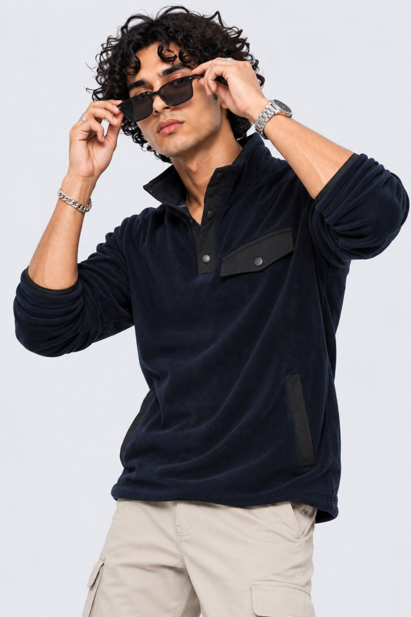 Mens Navy Textured High Neck Sweatshirt - Image 1