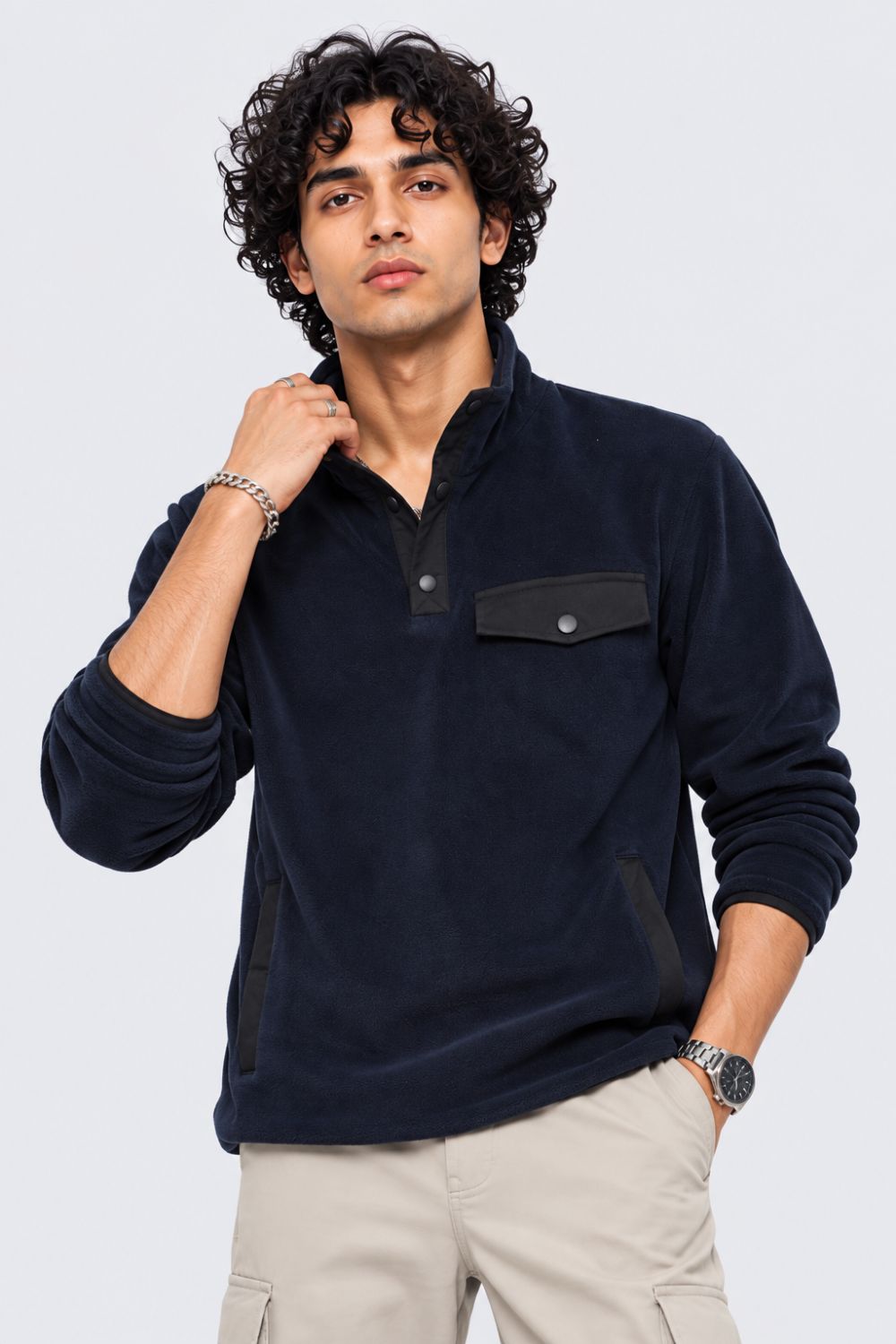 Mens Navy Textured High Neck Sweatshirt - Image 2