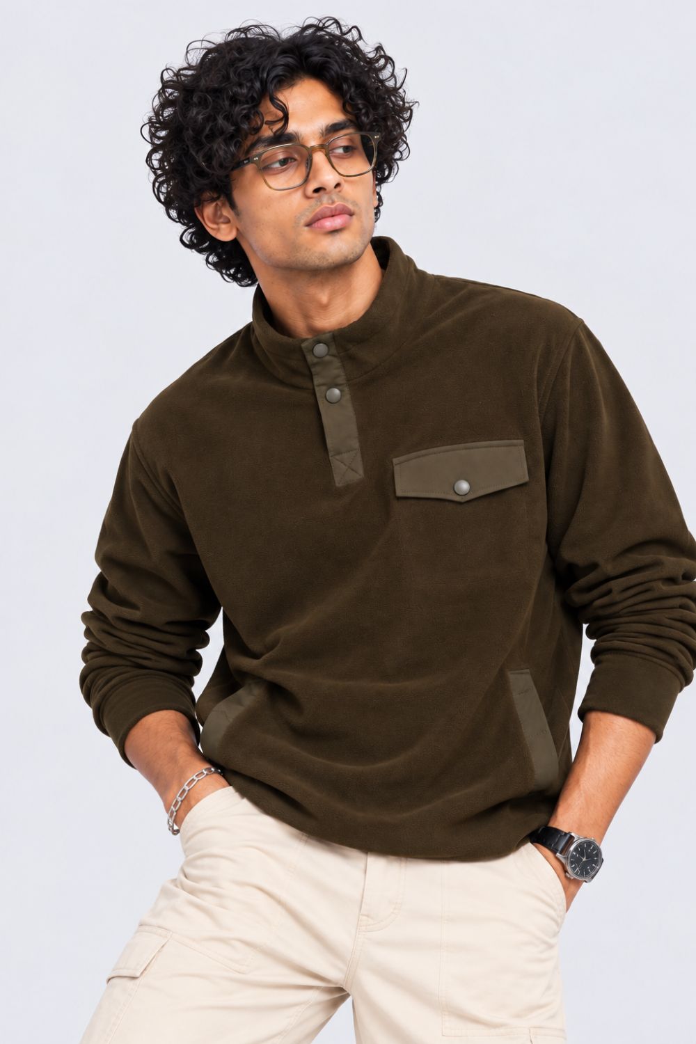 Mens Olive Textured High Neck Sweatshirt - Image 1
