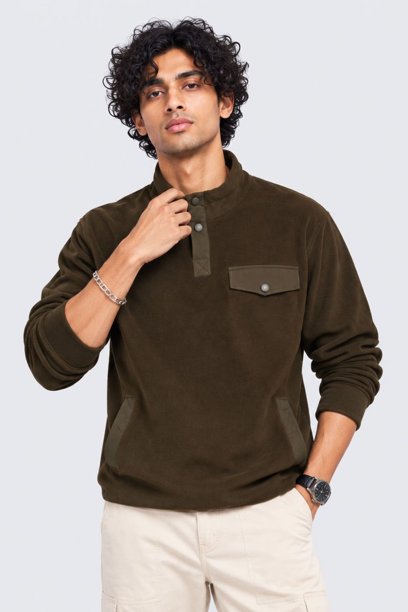 Mens Olive Textured High Neck Sweatshirt - Image 2