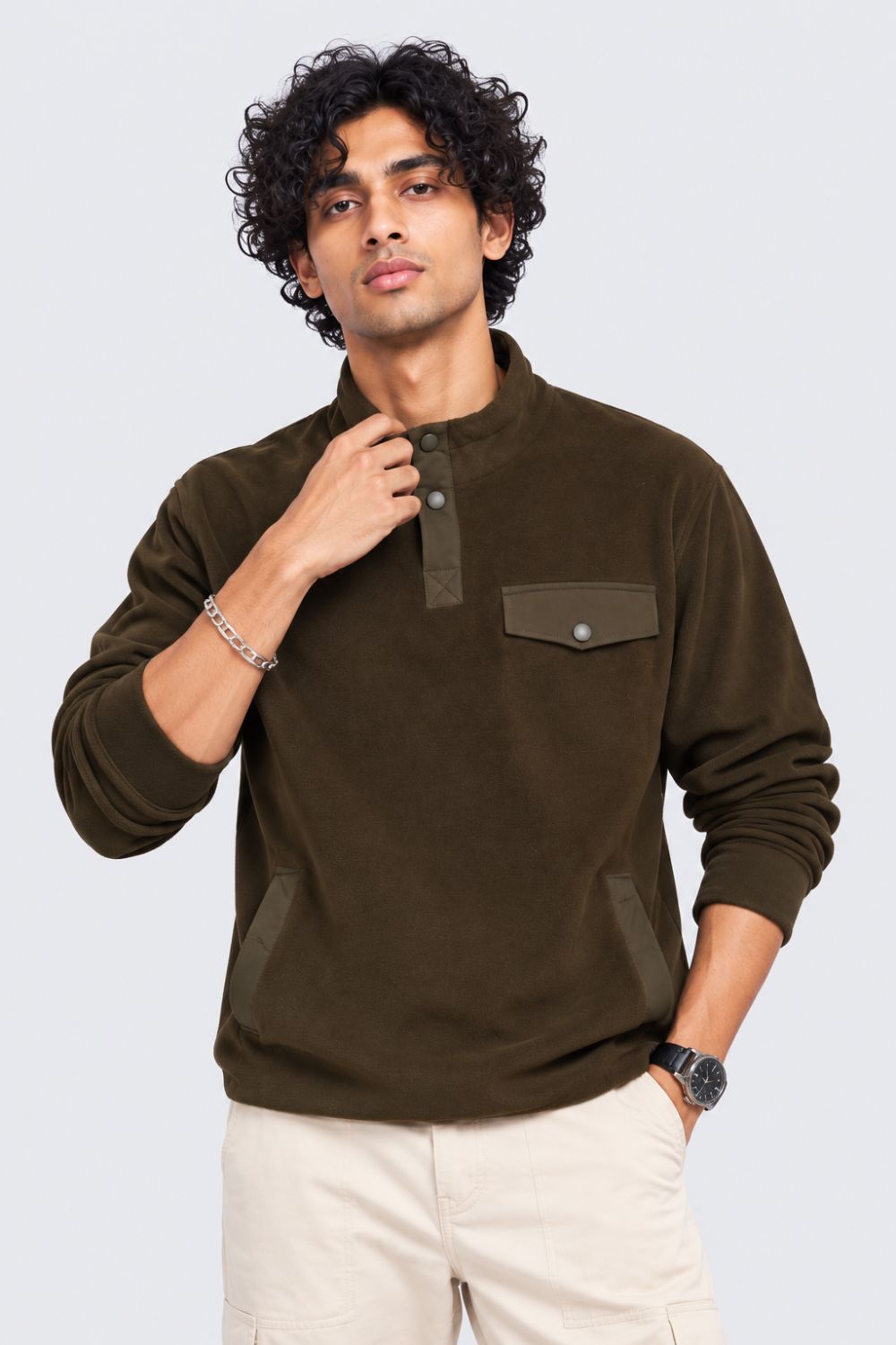 Mens Olive Textured High Neck Sweatshirt - Image 2