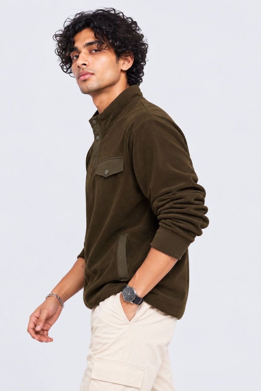 Mens Olive Textured High Neck Sweatshirt - Image 4