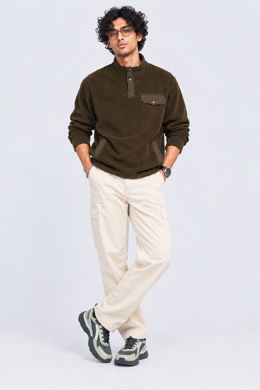 Mens Olive Textured High Neck Sweatshirt - Image 6