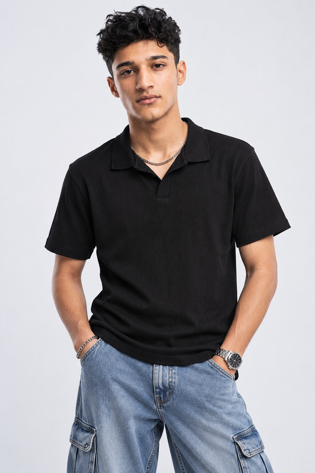 Mens Black Solid Textured Polo T-Shirt - Image 2