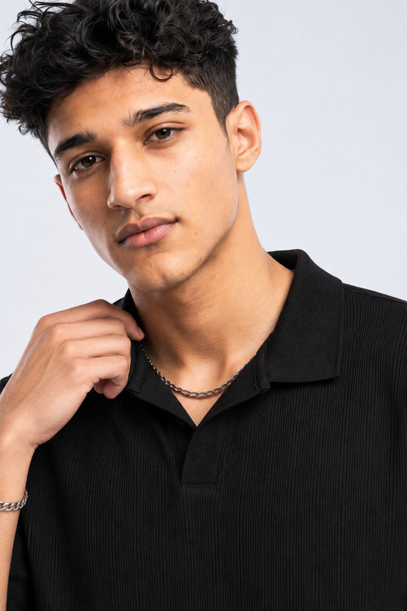 Mens Black Solid Textured Polo T-Shirt - Image 3