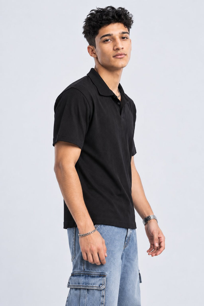 Mens Black Solid Textured Polo T-Shirt - Image 4