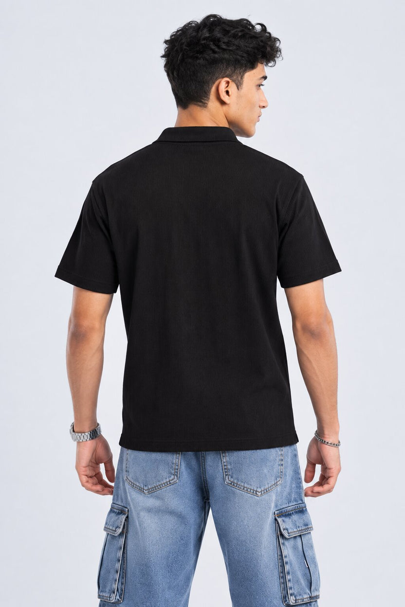 Mens Black Solid Textured Polo T-Shirt - Image 5