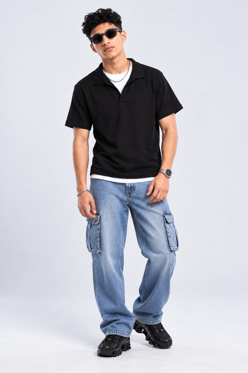 Mens Black Solid Textured Polo T-Shirt - Image 6