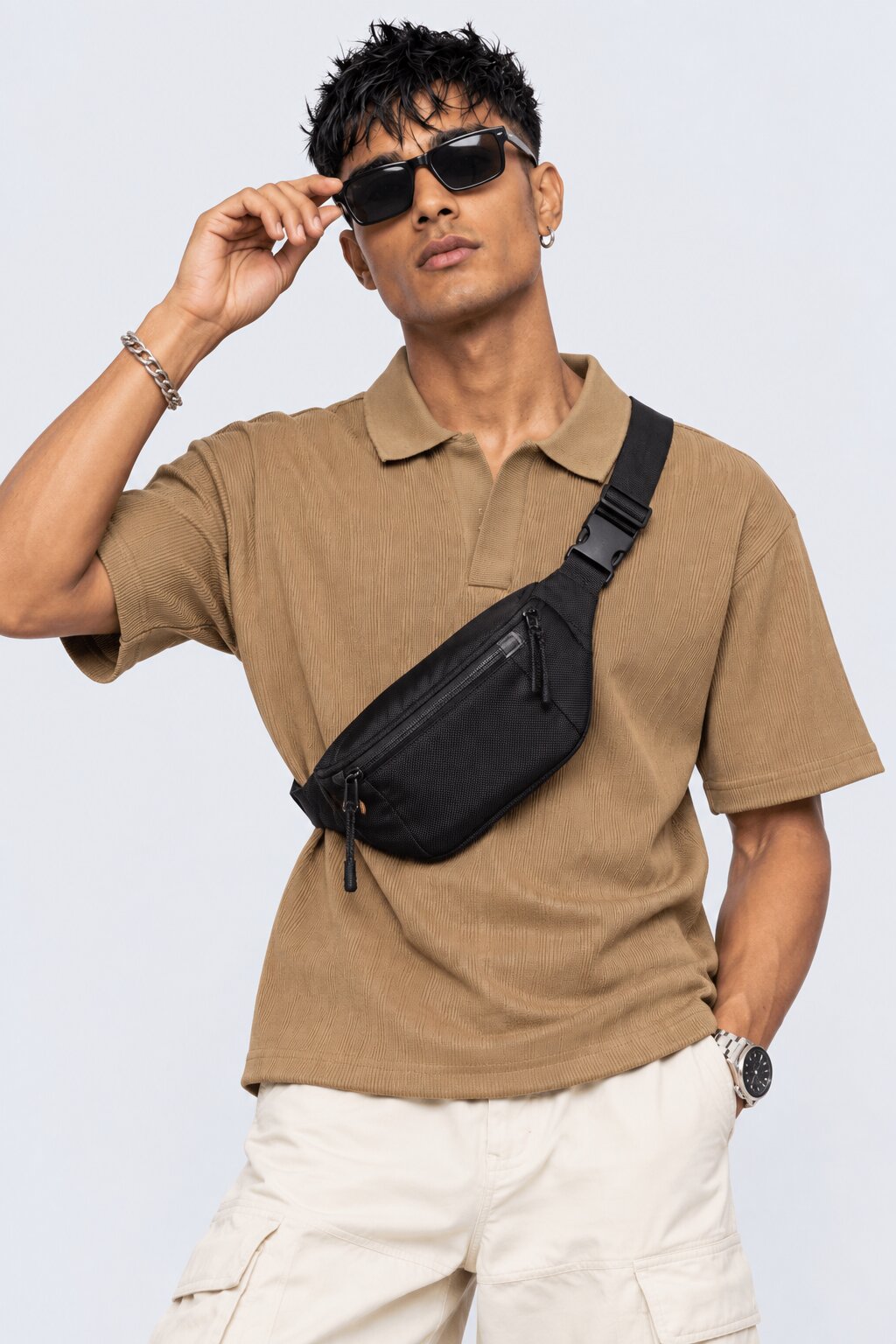 Mens Taupe Solid Textured Polo T-Shirt - Image 1
