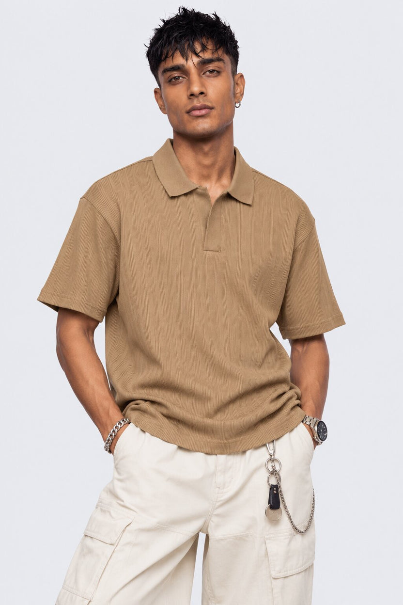 Mens Taupe Solid Textured Polo T-Shirt - Image 2