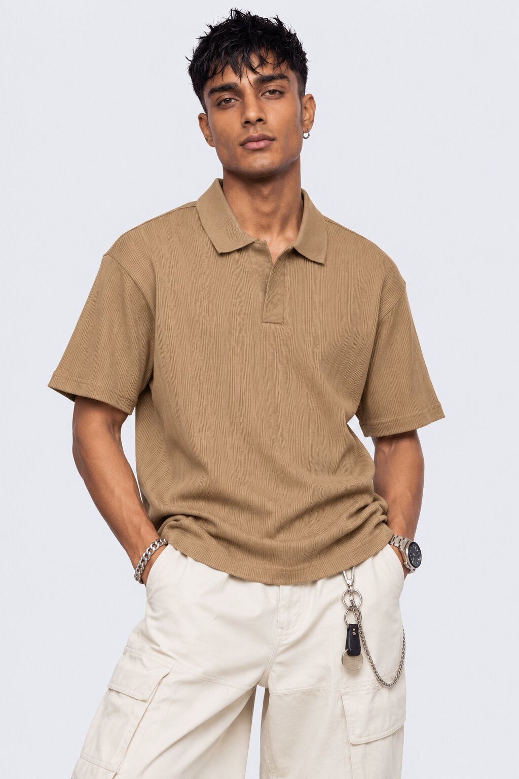 Mens Taupe Solid Textured Polo T-Shirt - Image 2