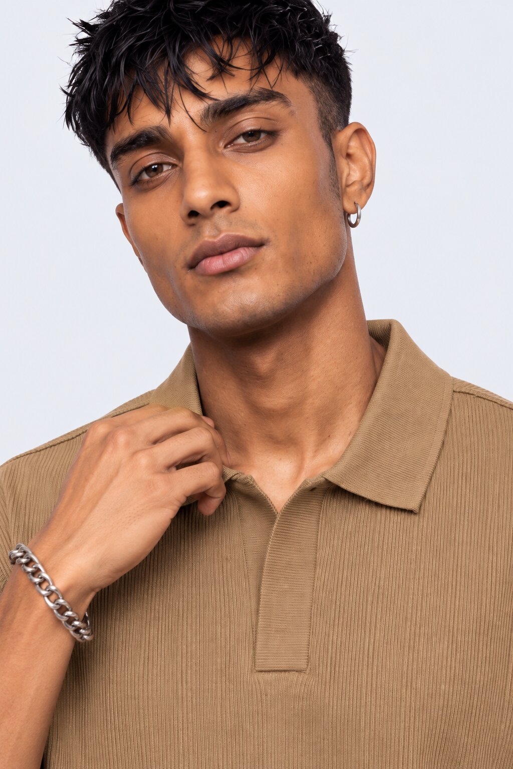 Mens Taupe Solid Textured Polo T-Shirt - Image 3