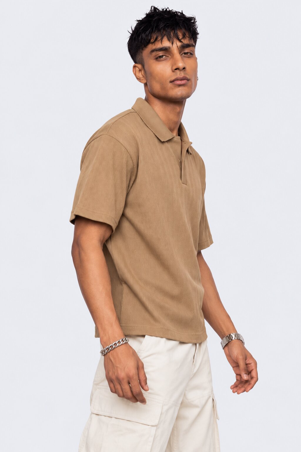 Mens Taupe Solid Textured Polo T-Shirt - Image 4