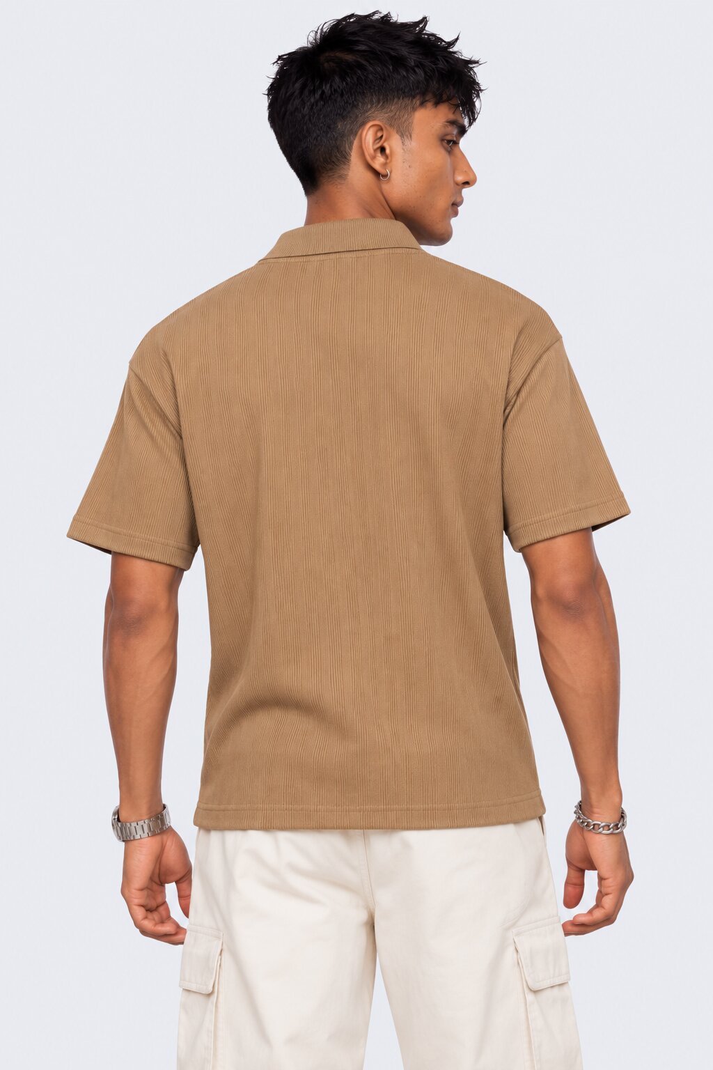 Mens Taupe Solid Textured Polo T-Shirt - Image 5