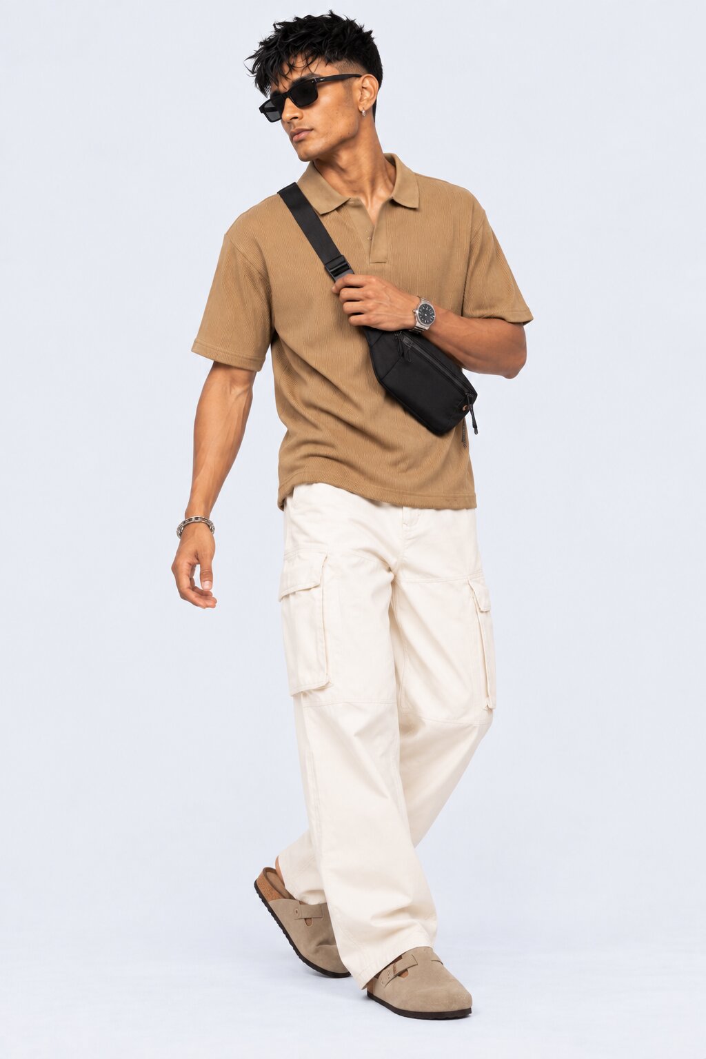 Mens Taupe Solid Textured Polo T-Shirt - Image 6
