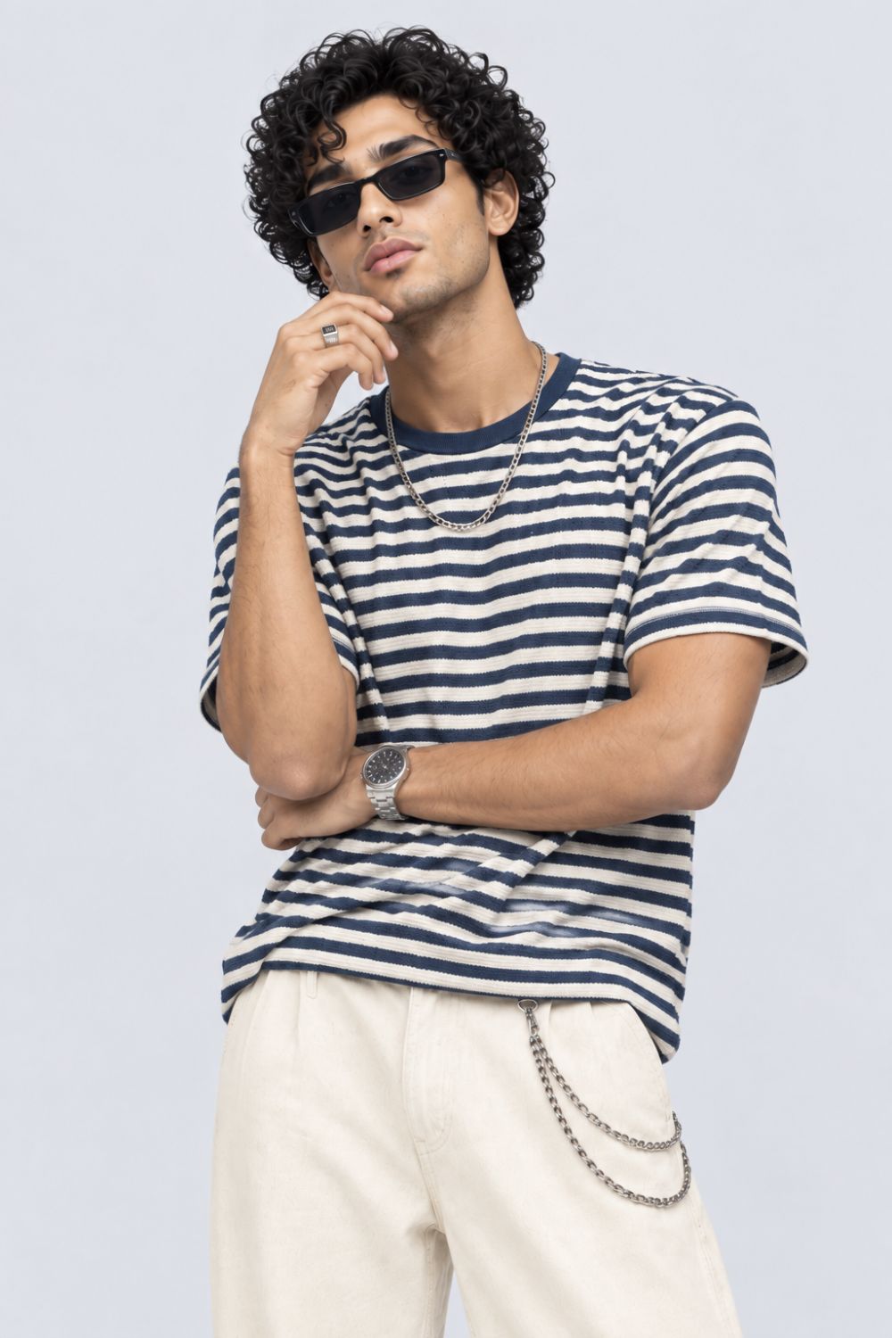 Mens Navy Striped Textured Crew Neck T-Shirt - Image 1