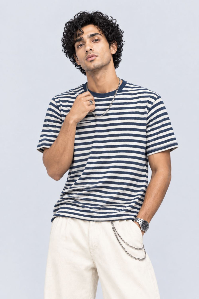 Mens Navy Striped Textured Crew Neck T-Shirt - Image 2