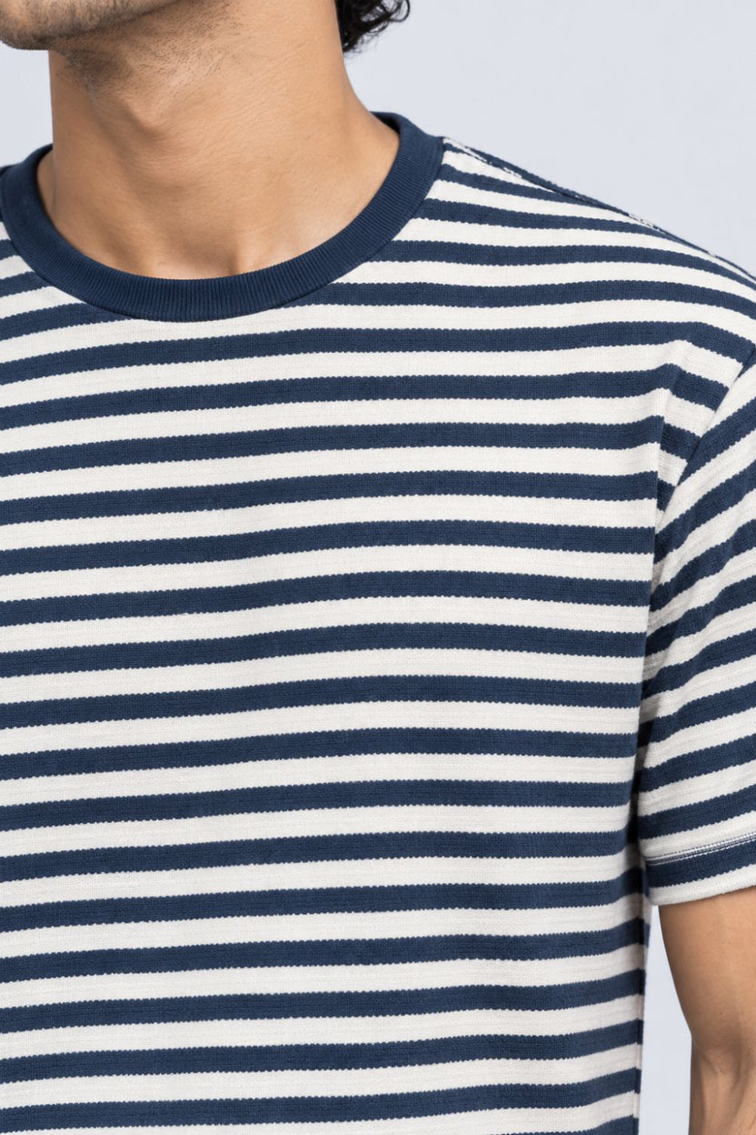 Mens Navy Striped Textured Crew Neck T-Shirt - Image 3