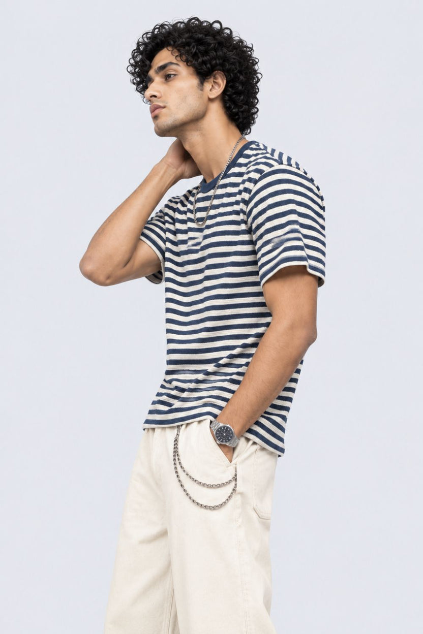 Mens Navy Striped Textured Crew Neck T-Shirt - Image 4