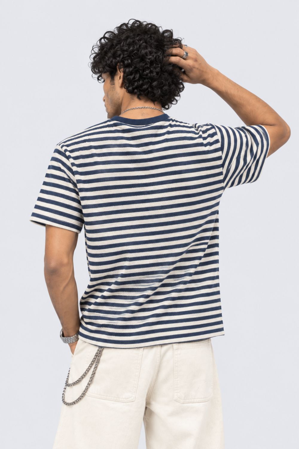 Mens Navy Striped Textured Crew Neck T-Shirt - Image 5