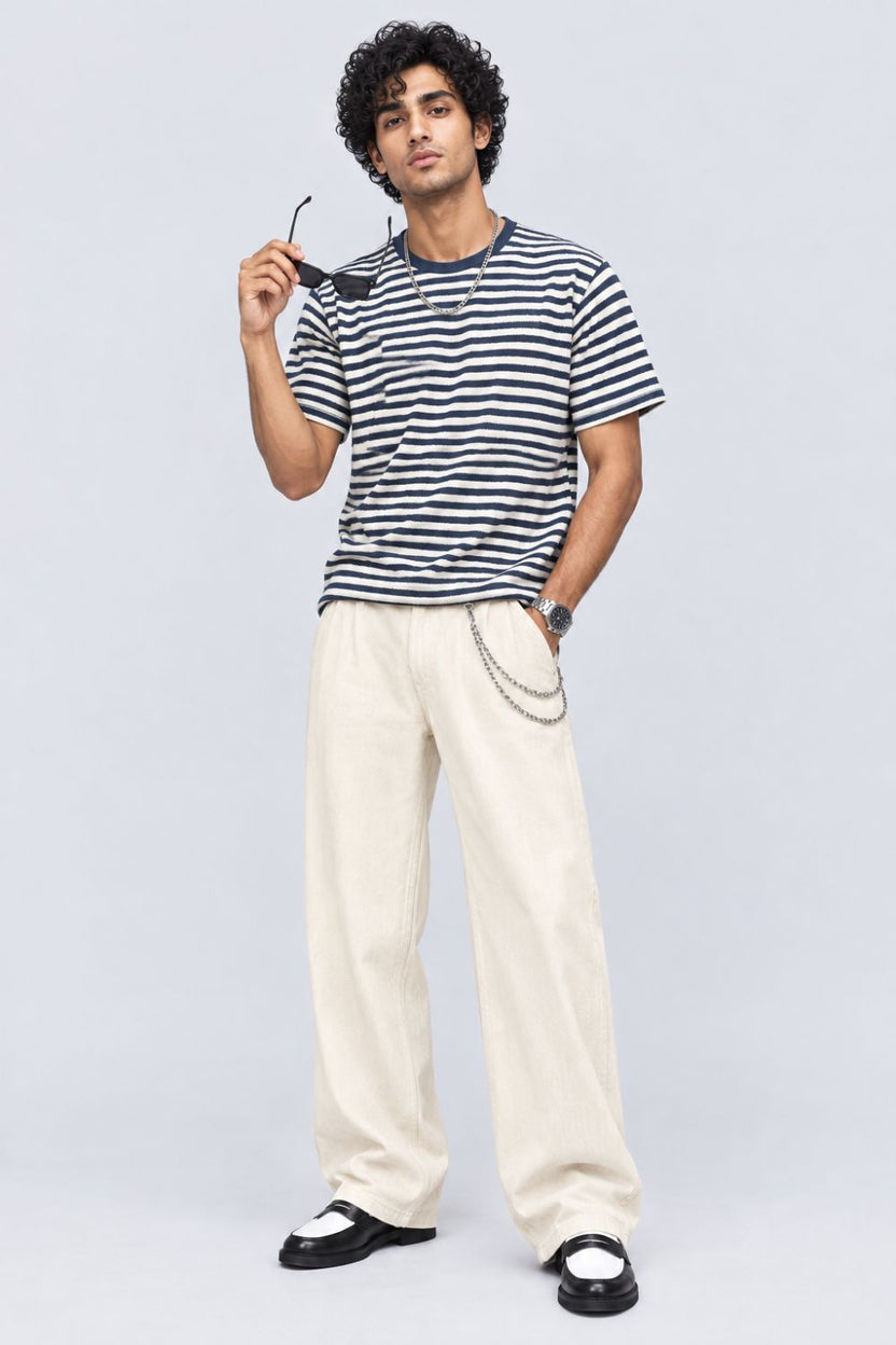 Mens Navy Striped Textured Crew Neck T-Shirt - Image 6