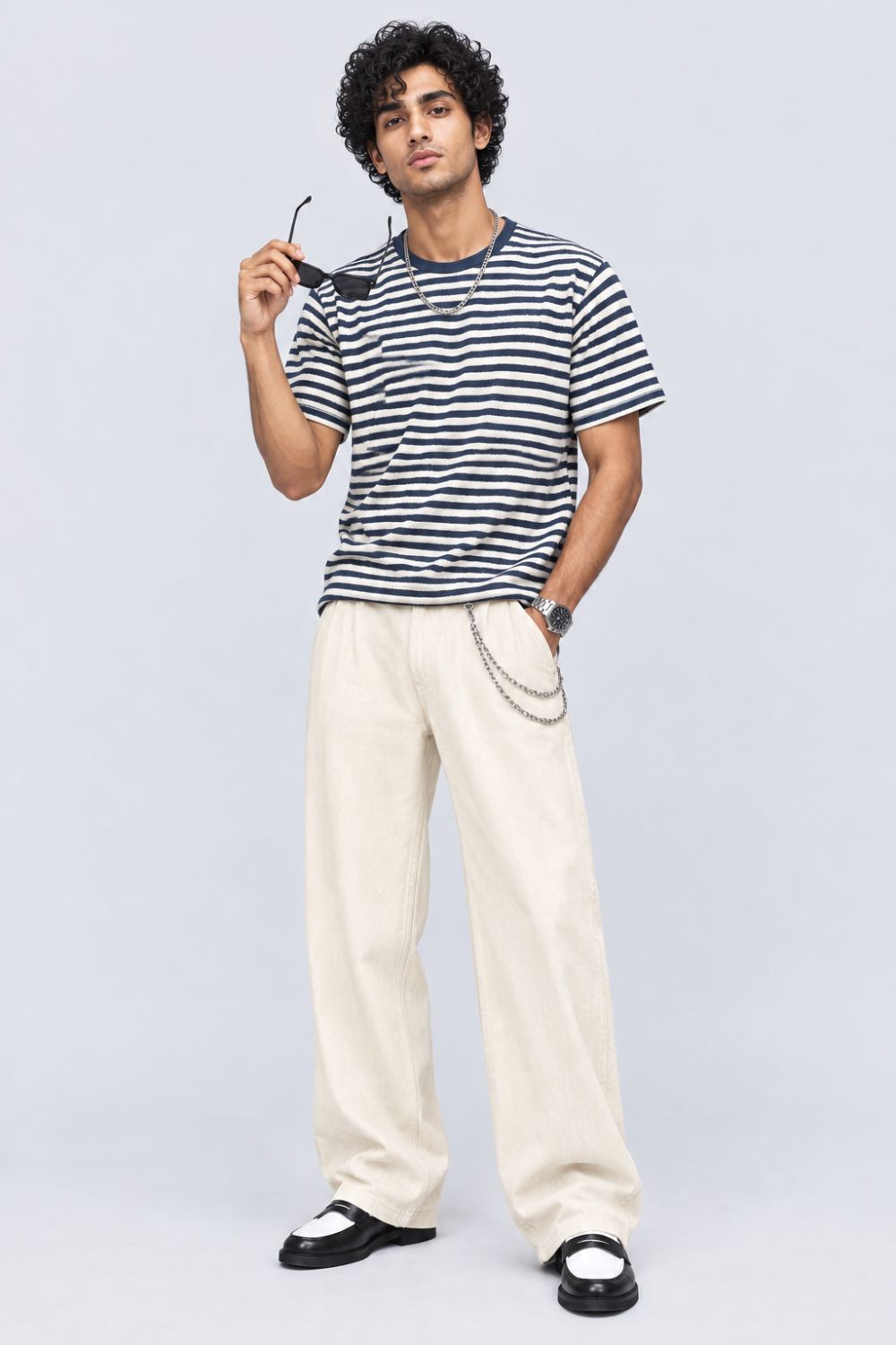 Mens Navy Striped Textured Crew Neck T-Shirt - Image 6